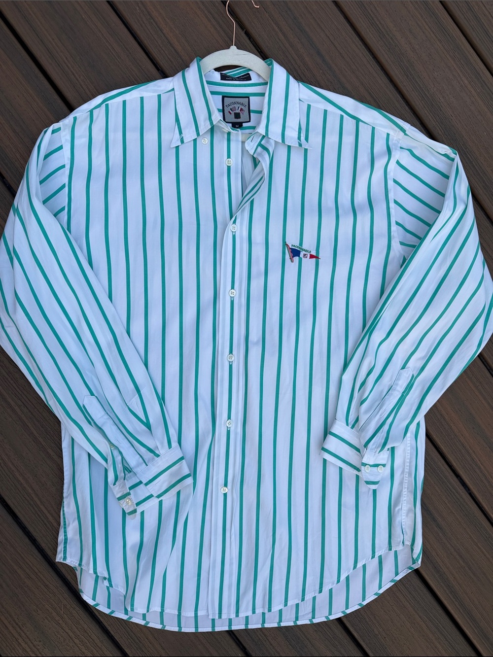 Faconnable White Button-Down Shirt with Teal Stripes - Men's